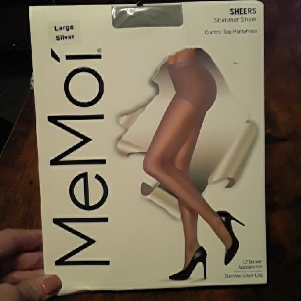 NWT MeMoi Large Sexy Silver Shimmer Sheer Control top Pantyhose